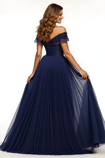 Off The Shoulder Navy A Line Prom Dress With Slit